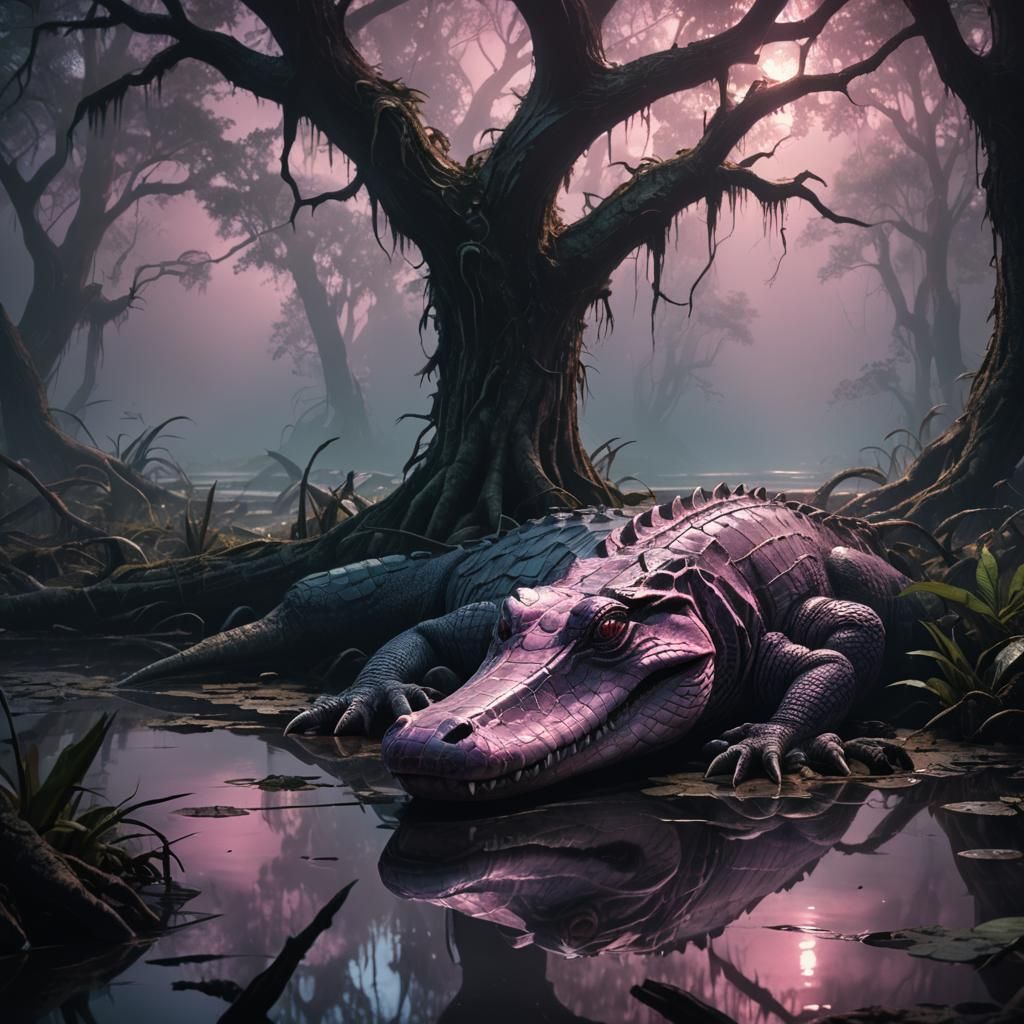 Mystical Pink Alligator Basks in Dark Swamp