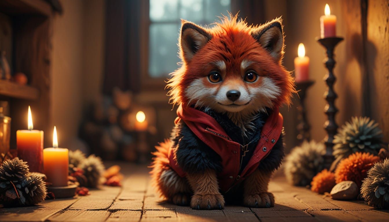 Whimsical Lil Red with Wolf Ears in Cozy Candlelight