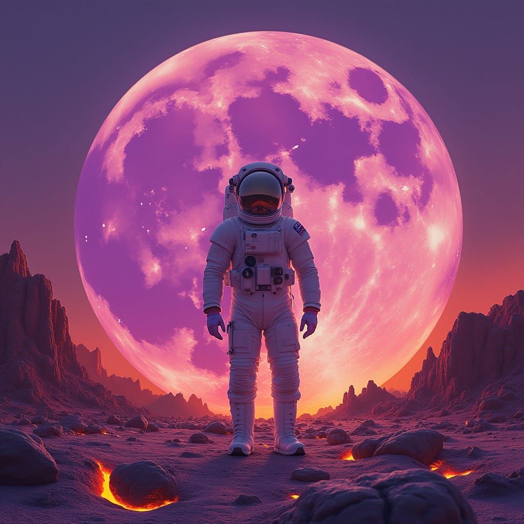Surreal Futuristic Astronaut on Flaming Purple Moon