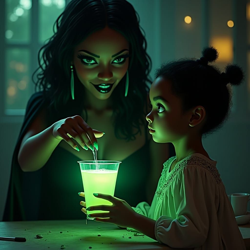 Sinister Woman Offers Glowing Potion, Anime Art