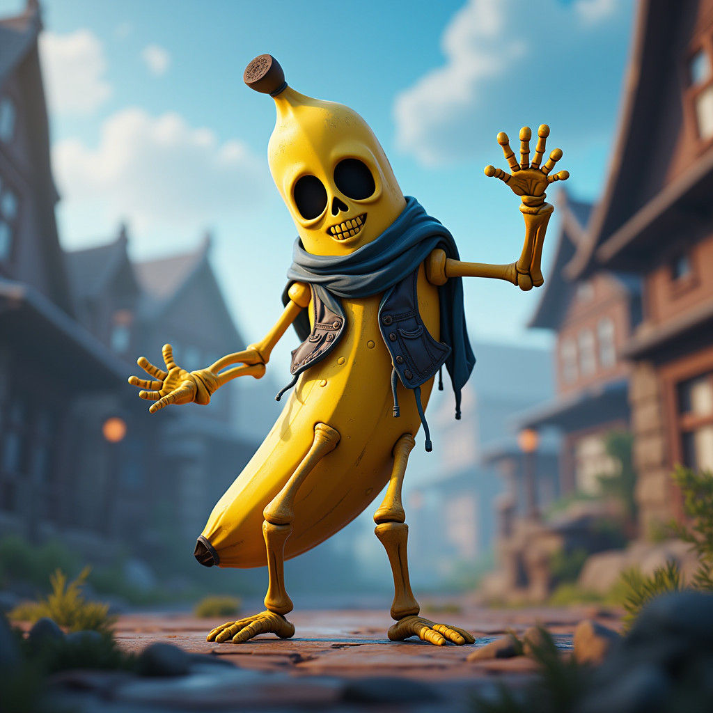 Epic Cyberpunk Banana Skeleton in Heroic Pose