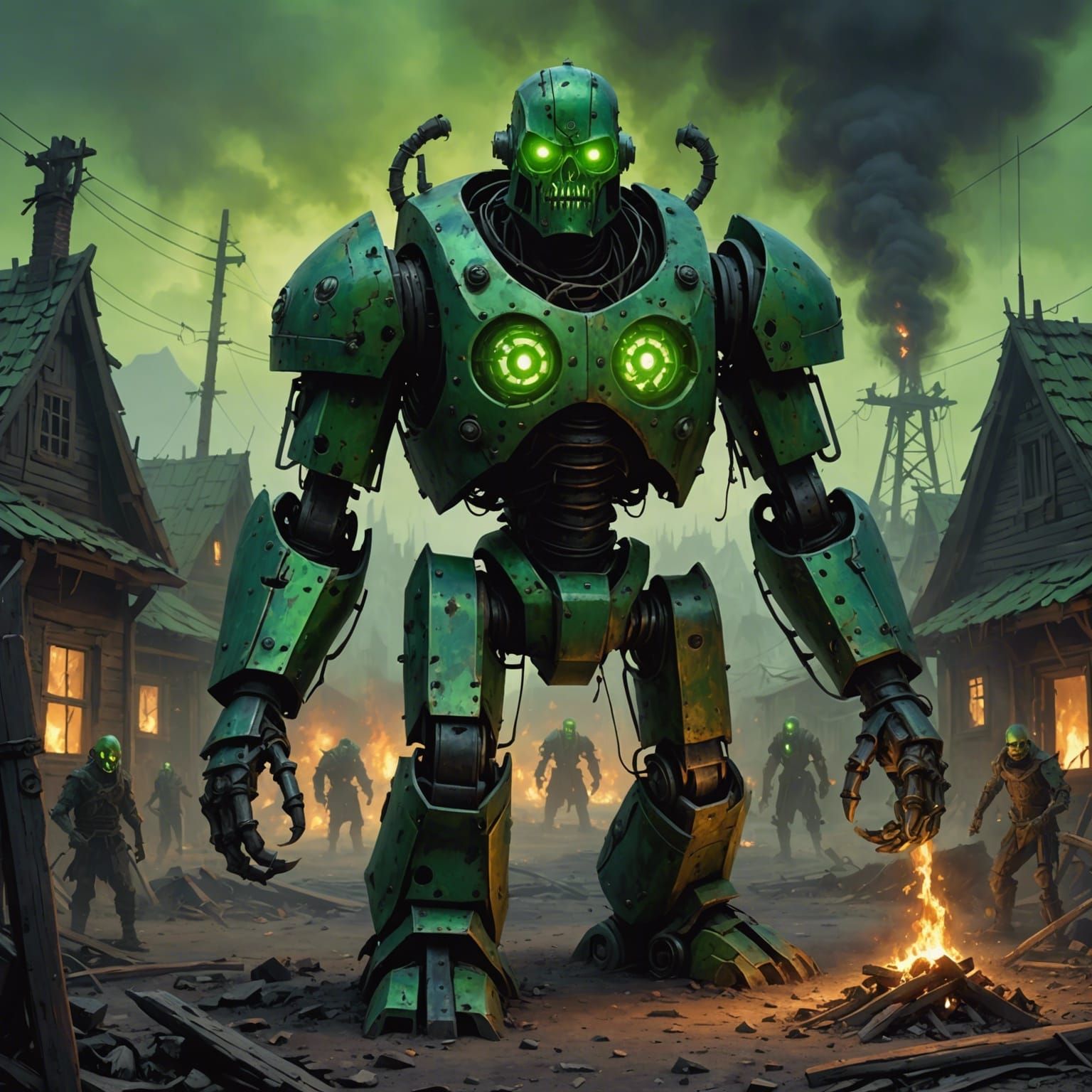 Cyberpunk Mechanical Golem Awakened by Haunting Village Spir...