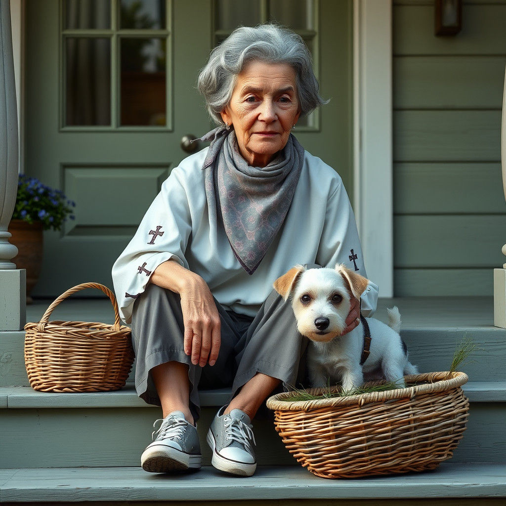 Elegant Elderly Woman in Serene Porch Scene