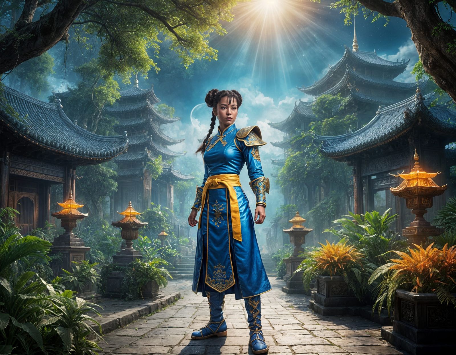 Chun Li: African Chinese Shaolin Warrior in Blue and Gold Ku...