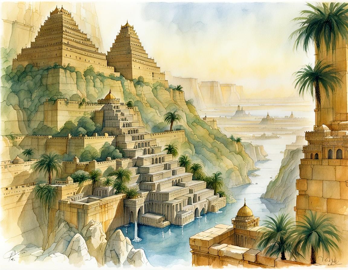 Ancient Wonders - Hanging Gardens of Babylon in European Ink...
