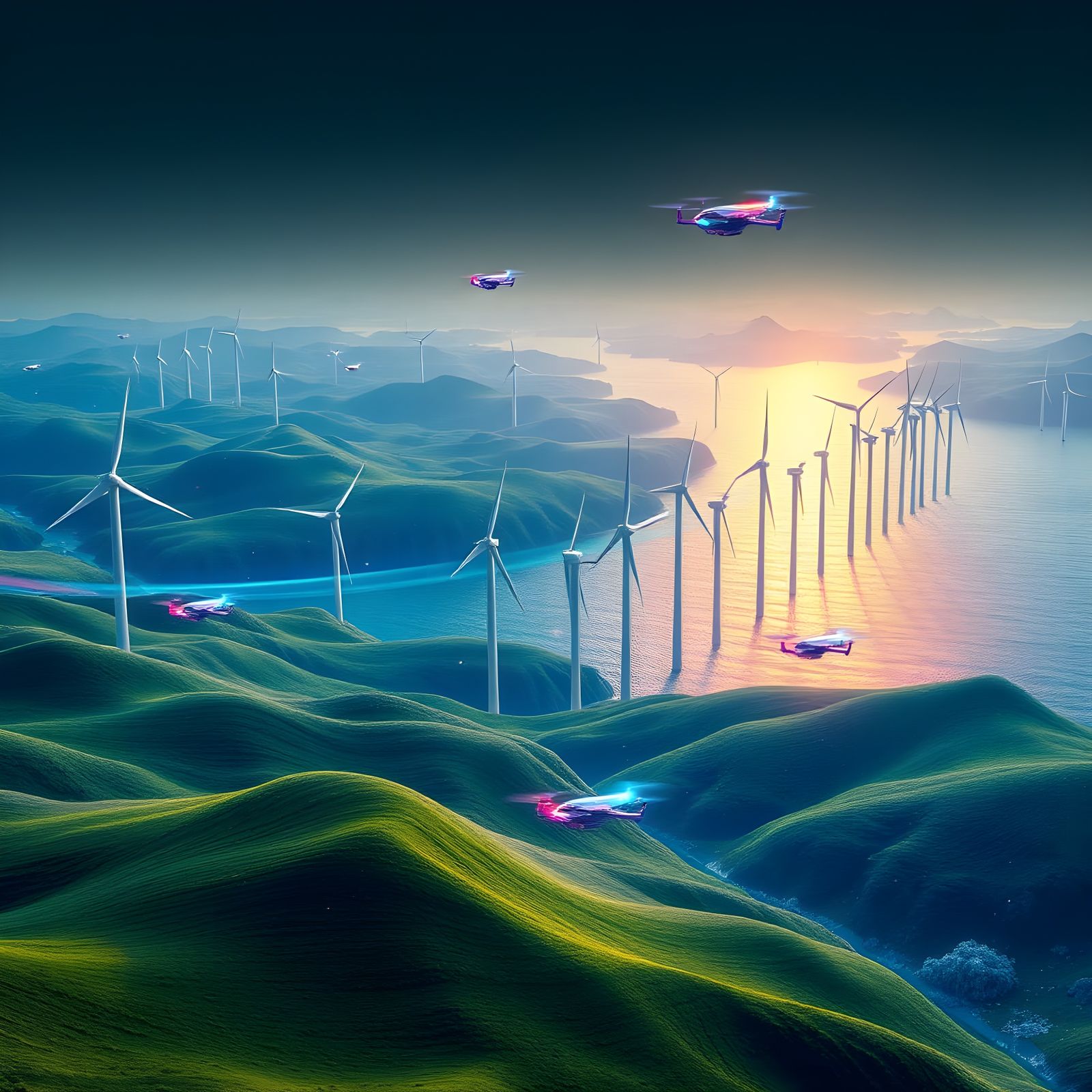 A vast, serpentine landscape of interconnected wind farms unfurls across rolling emerald hills and iridescent azure seas...