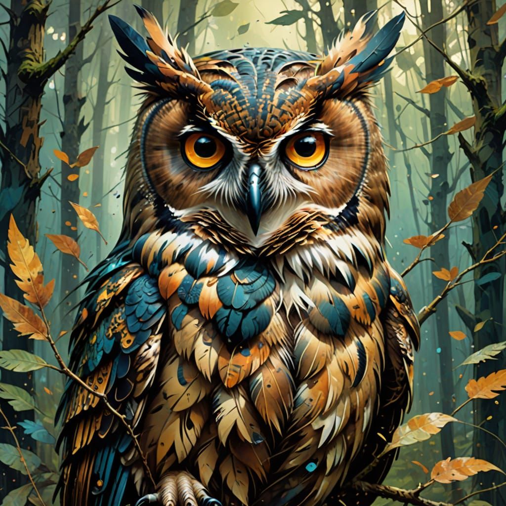 Owl swirling forest !! :: breathtaking Owl cover art Artwork, perfect 32 k by Jon Fost...