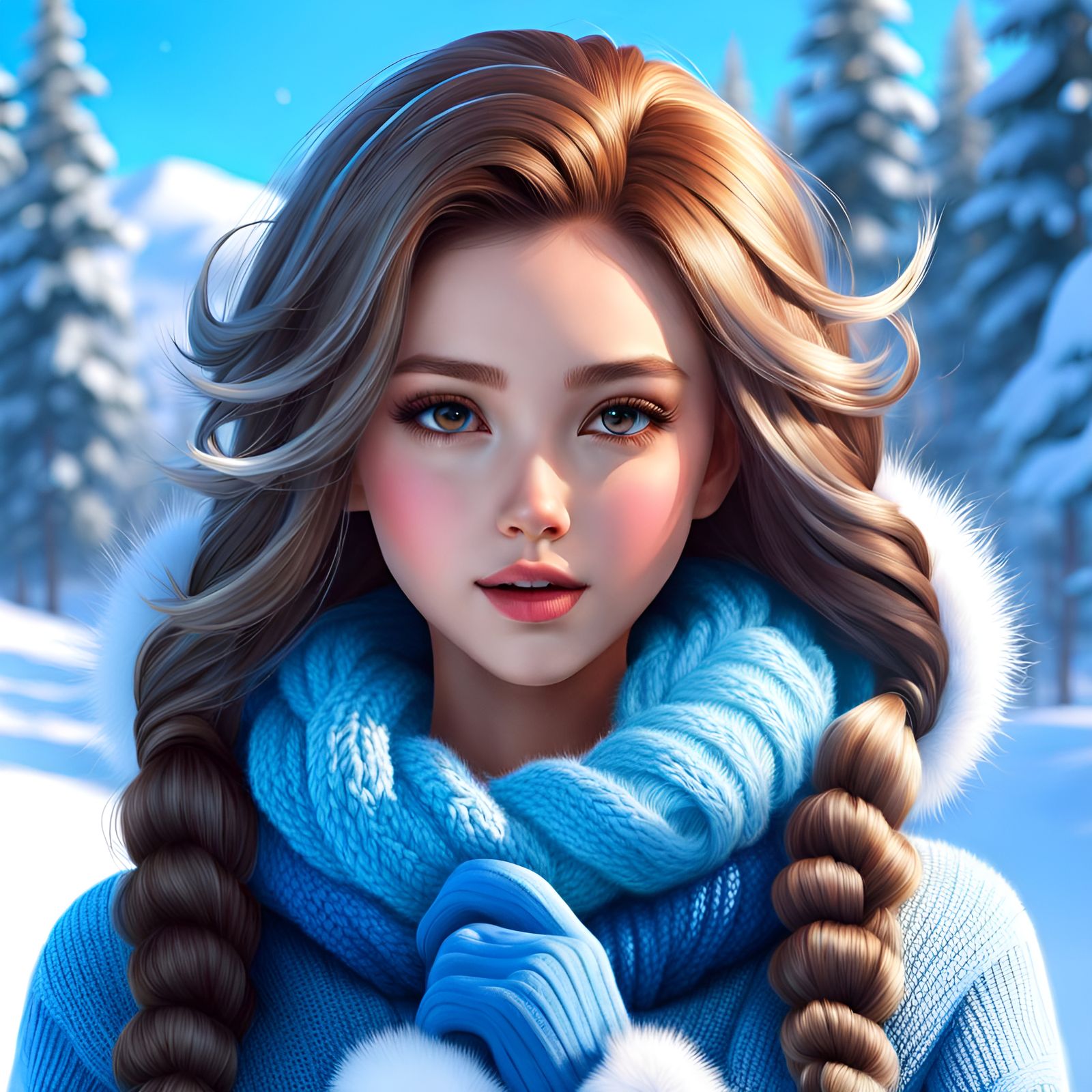Girl in Winter Wonderland with Vibrant Hair and Fun Backgrou...