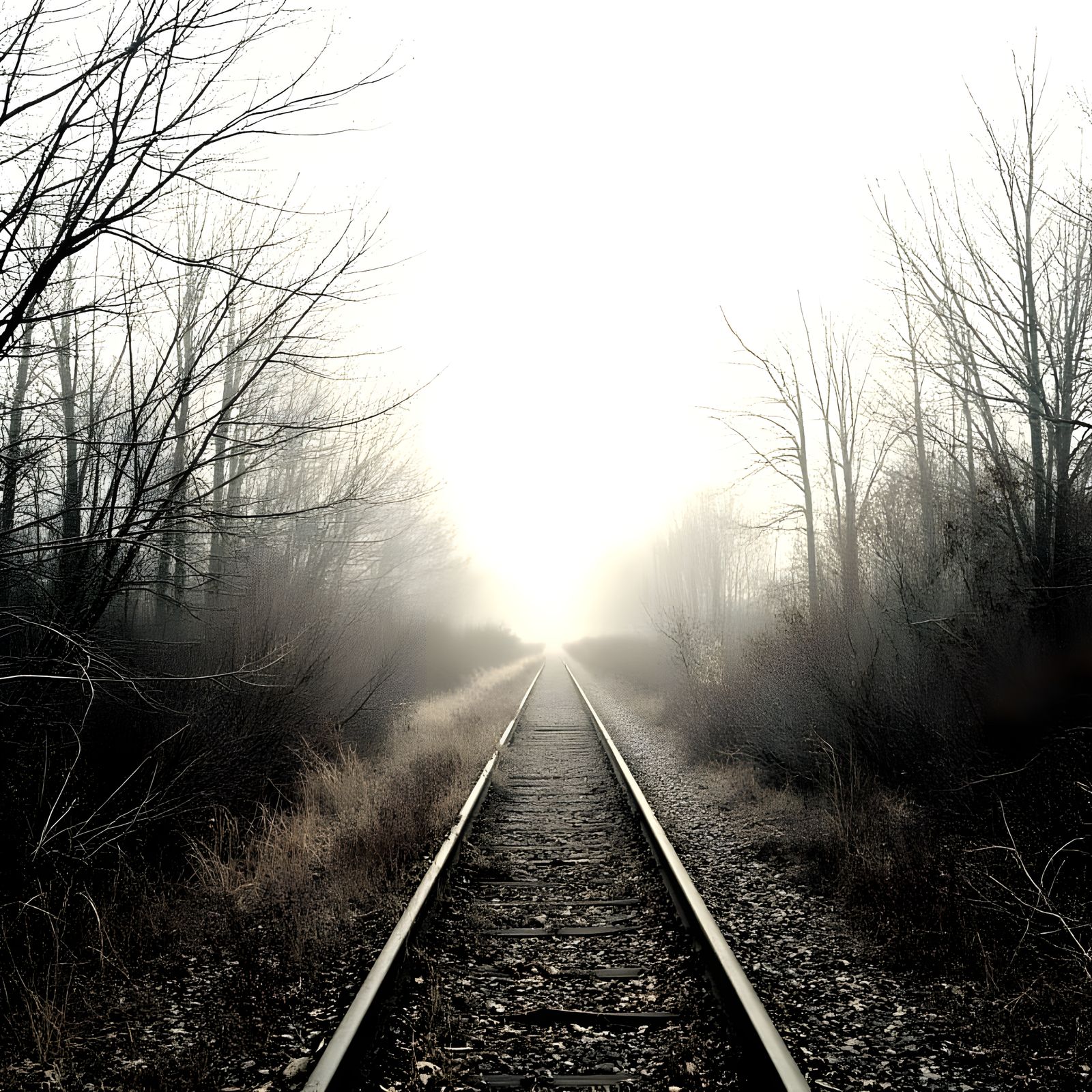 Winter Fog Obscures Abandoned Railway Tracks in a Dense Fiel...
