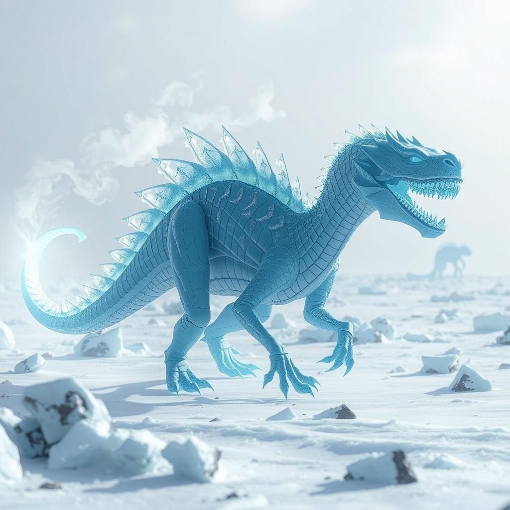 blue white spiked dragon+monster made of ice shards, ice cry...