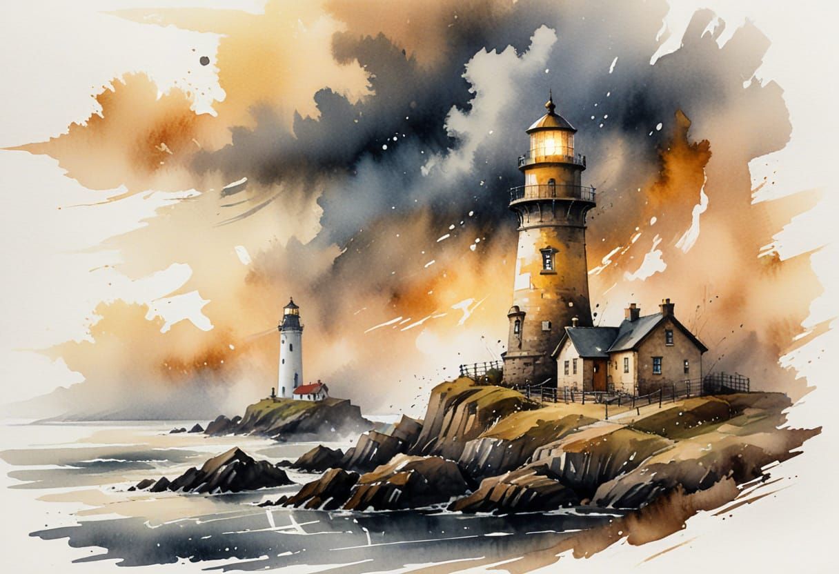 Coastal Lighthouse in Wet-Wash Watercolour with Mist