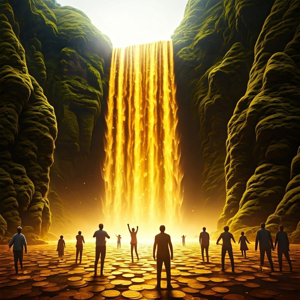 view of a waterfall pouring gold coins, people smiling and j...