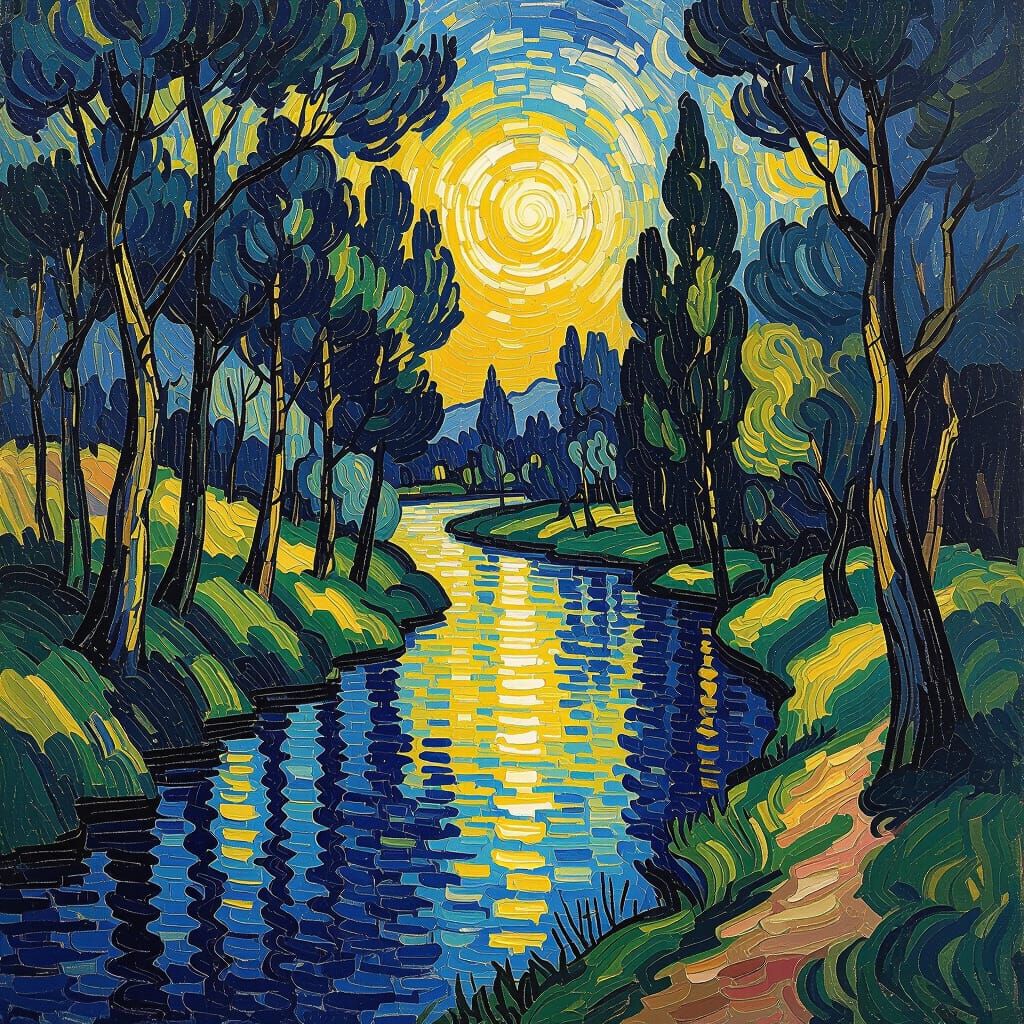 Vibrant Forest River Scene in Van Gogh Impasto Style
