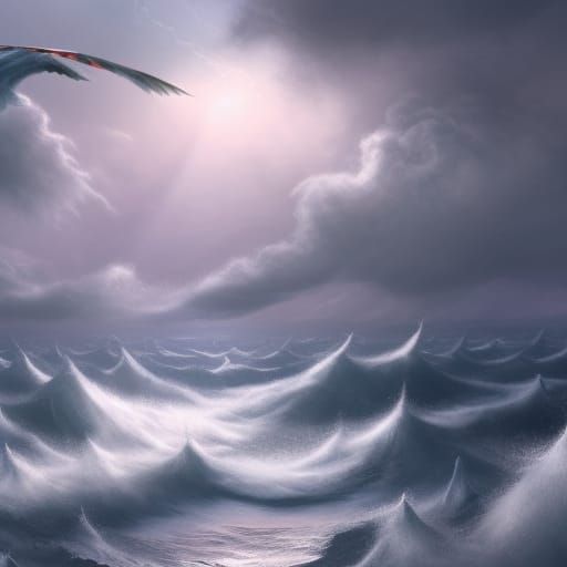 Windy Day Fantasy Scene with Flying Clouds and Sea-Gulls