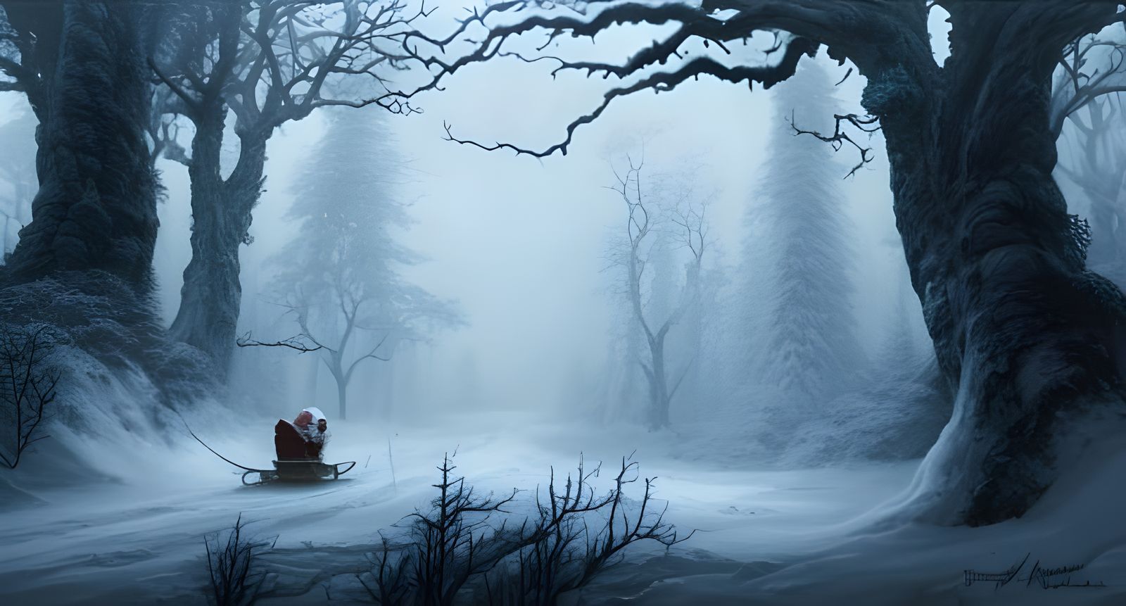 Lovecraftian Winter Forest Landscape with Santa