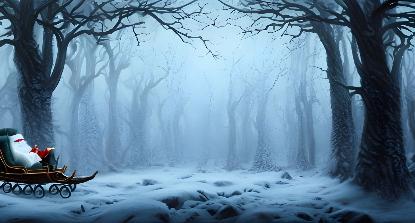Lovecraftian Winter Forest with Santa in Sleigh