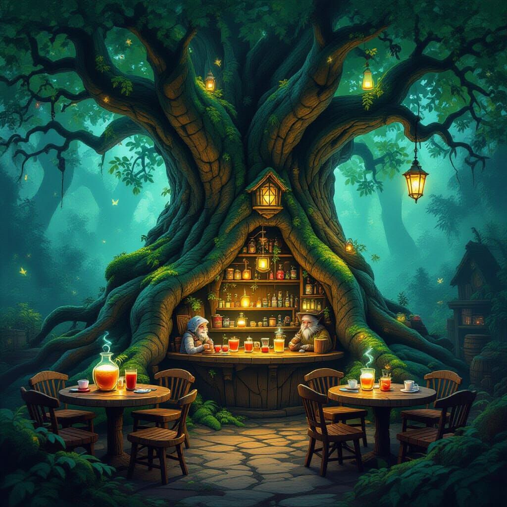 Magical Tree Root Café With Forest Spirits