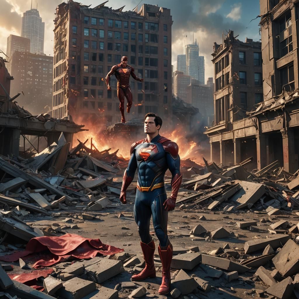 The Flash Triumphs Over a Fallen Superman in a Ruined Metrop...