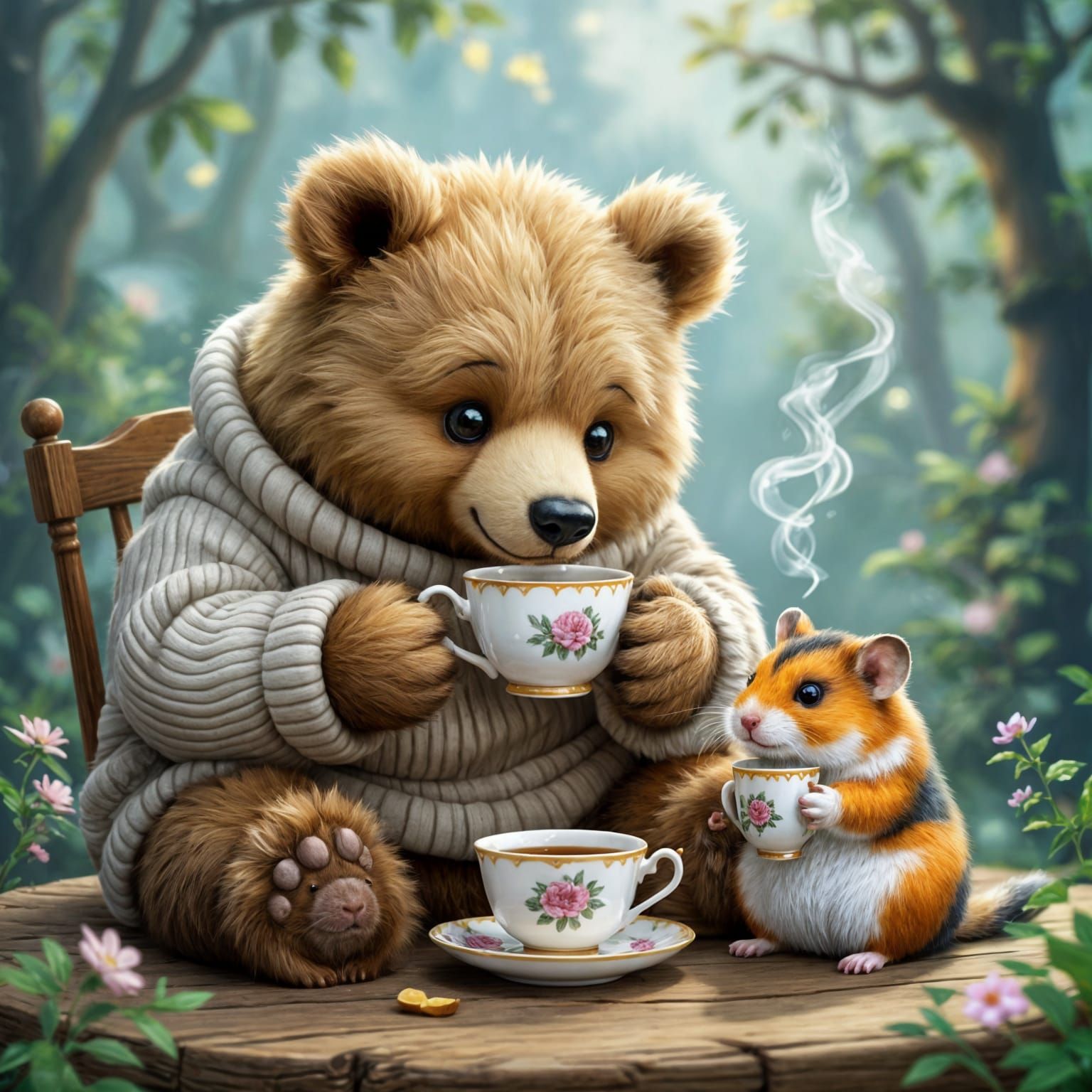 Humorous Bear Sips Tea with Hamster in Ethereal Mist