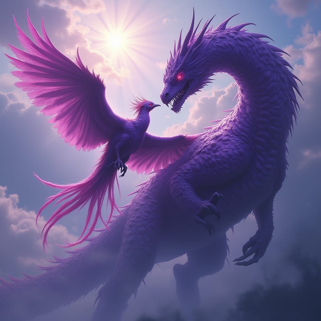 Purple Phoenix and Dragon Soaring Together