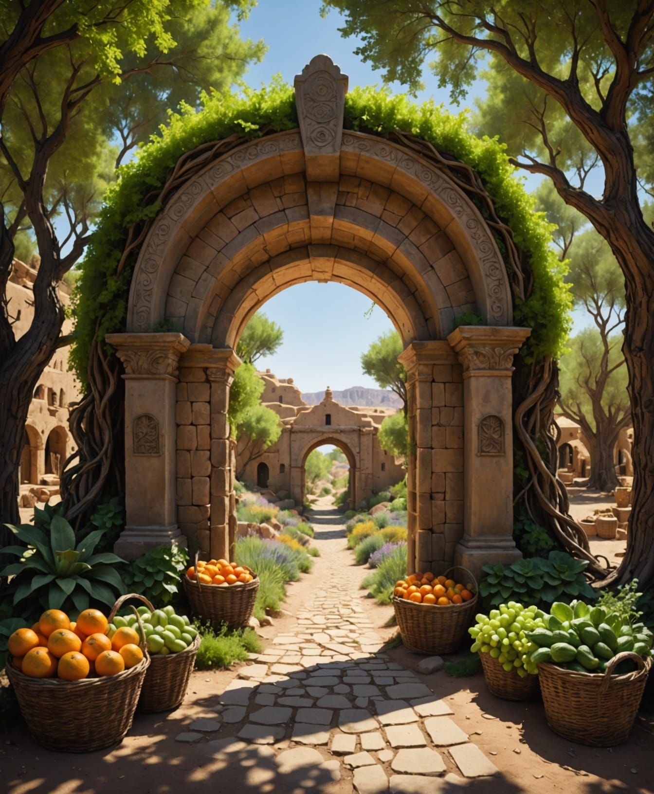 Surreal Desert Portal with Farmstand and Space Elements