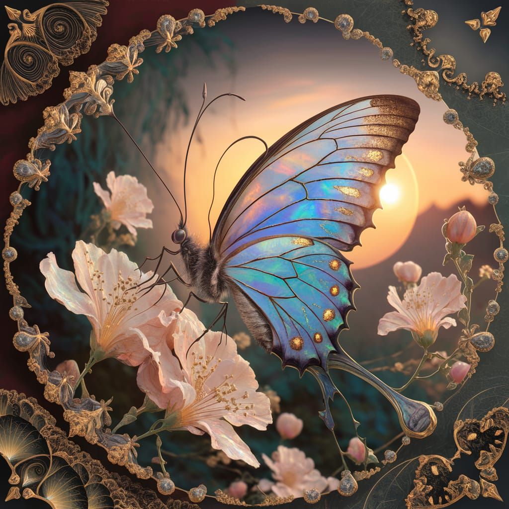 Iridescent Butterfly Amidst Whimsical Floral Bloom