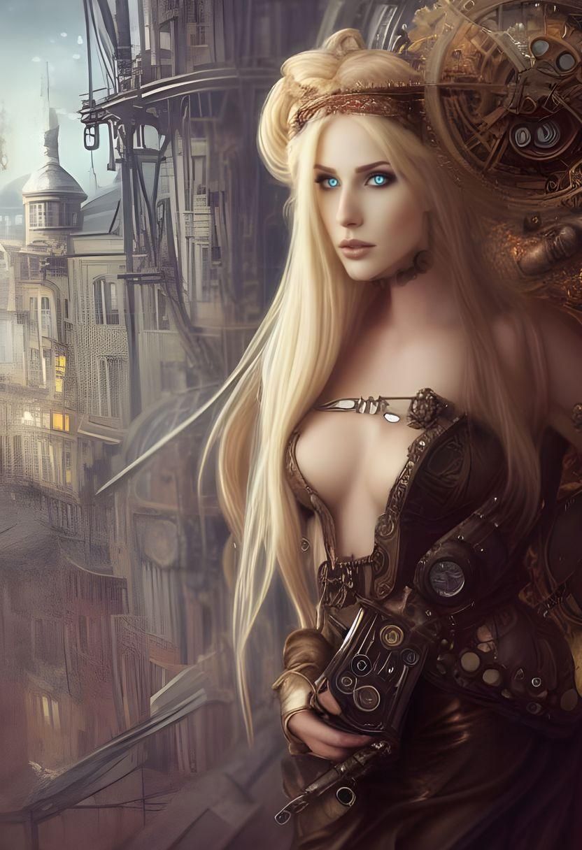 Elegant Steampunk Goddess in Hyper-Realistic Cityscape