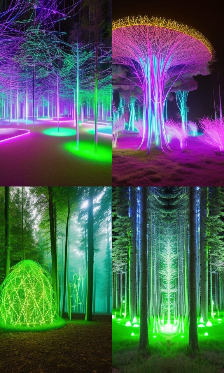 Surreal Neon Landscapes with Mythical Creatures in Forest Wa...