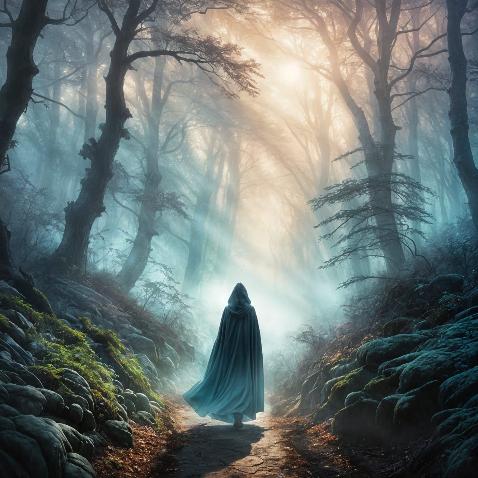 Woman in Misty Forest Silhouette