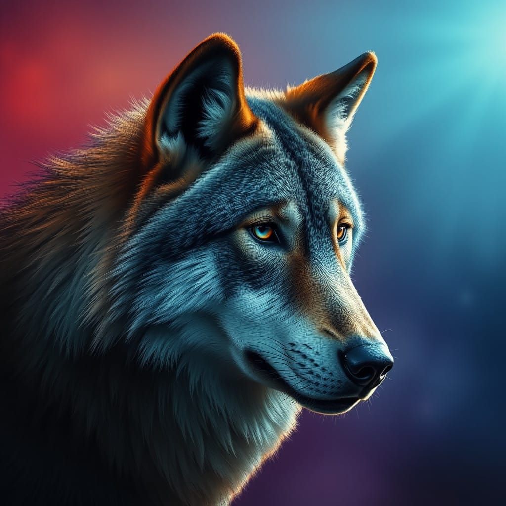 Hyperrealistic Wolf Portrait in Vibrant Fantasy Landscape