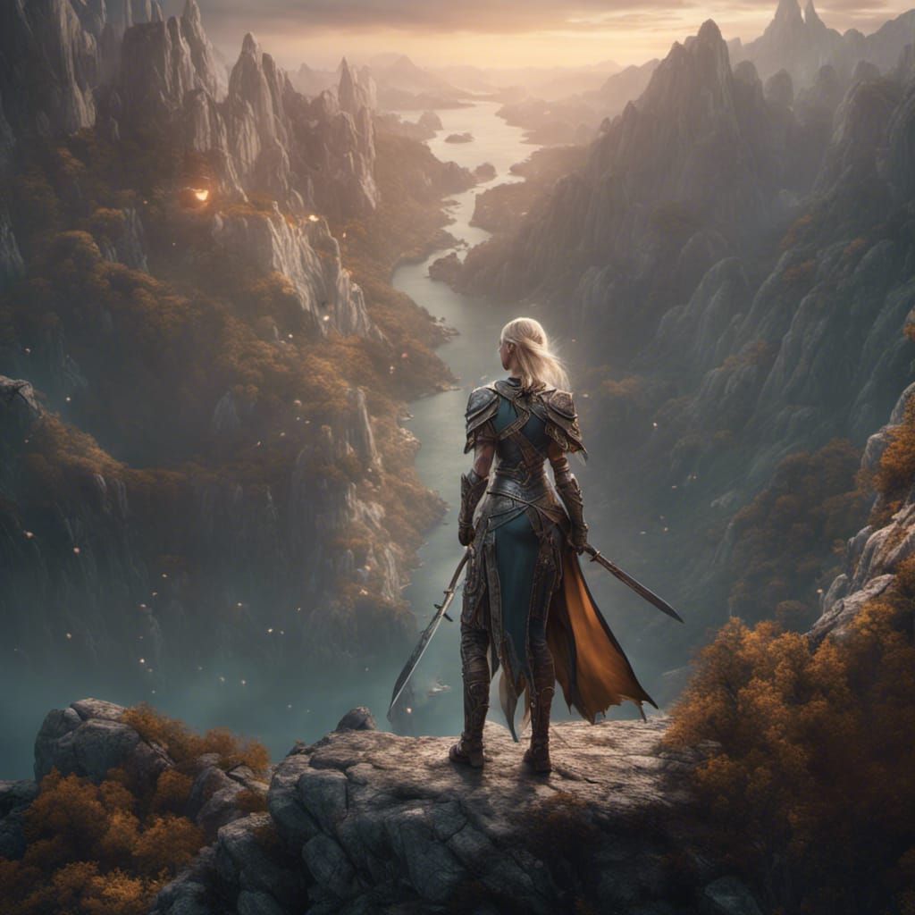 Female Elf Warrior in Eerie Cliff Landscape