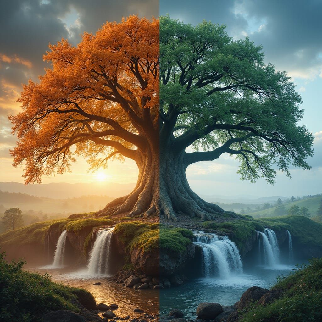 Oak Tree Surrounded by Elements in Fantasy Style