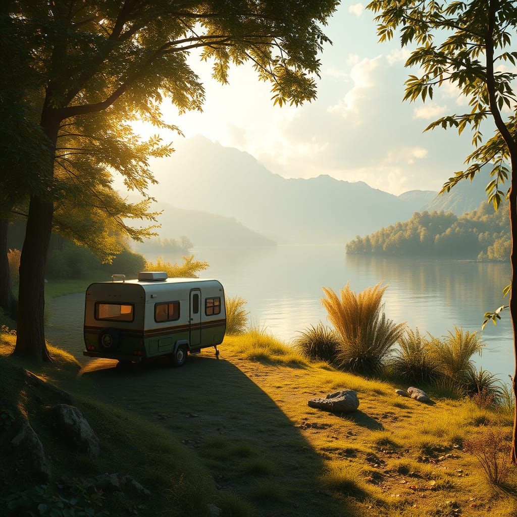 Camper by Lake in Lush Landscape, Digital Art