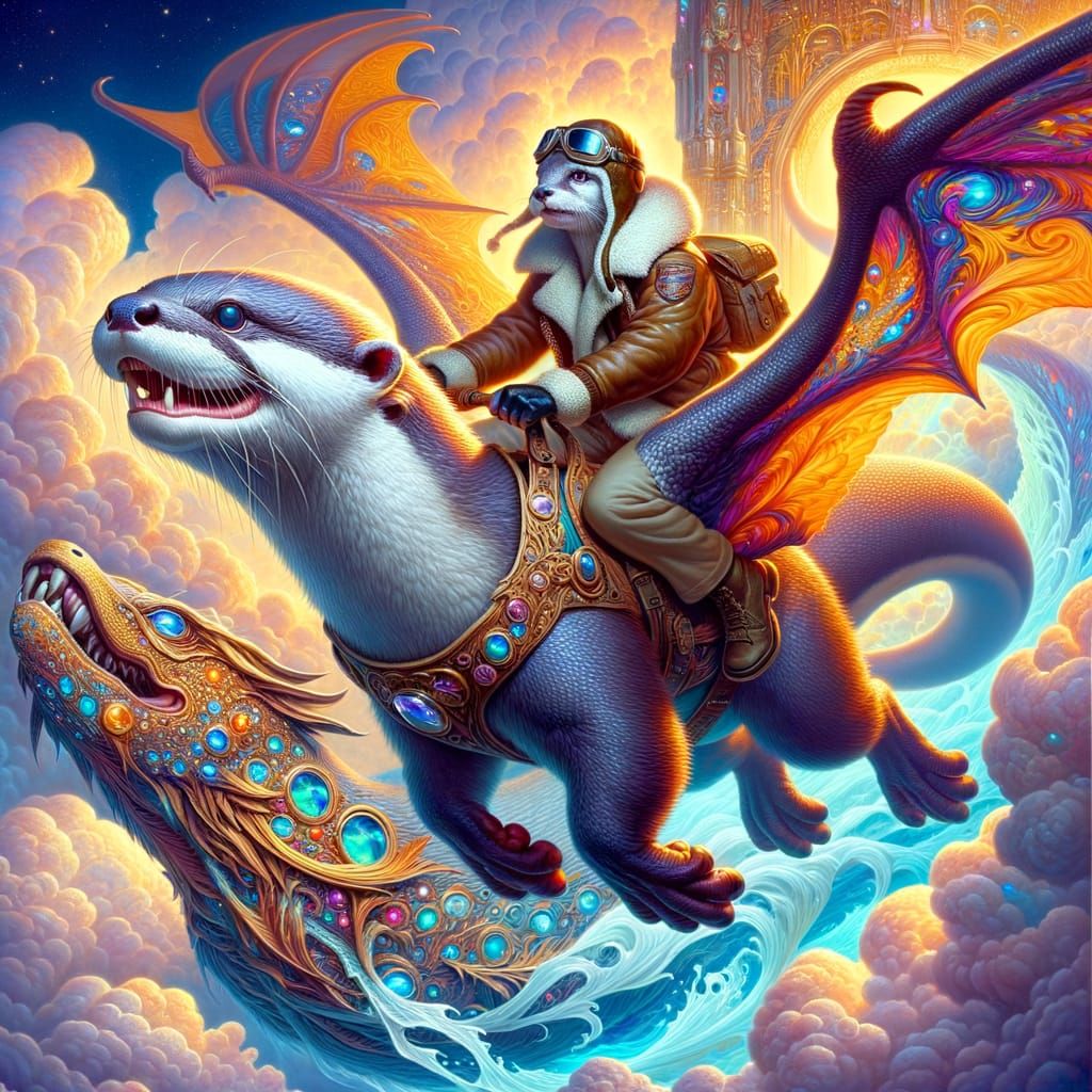 Otter-Dragon Soars Over Jeweled Castle: Symbolist Art