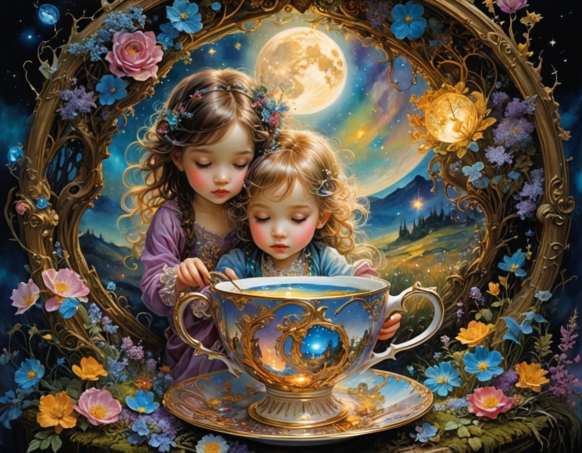 Surreal Miniature Realm within an Antique Teacup, Filled wit...