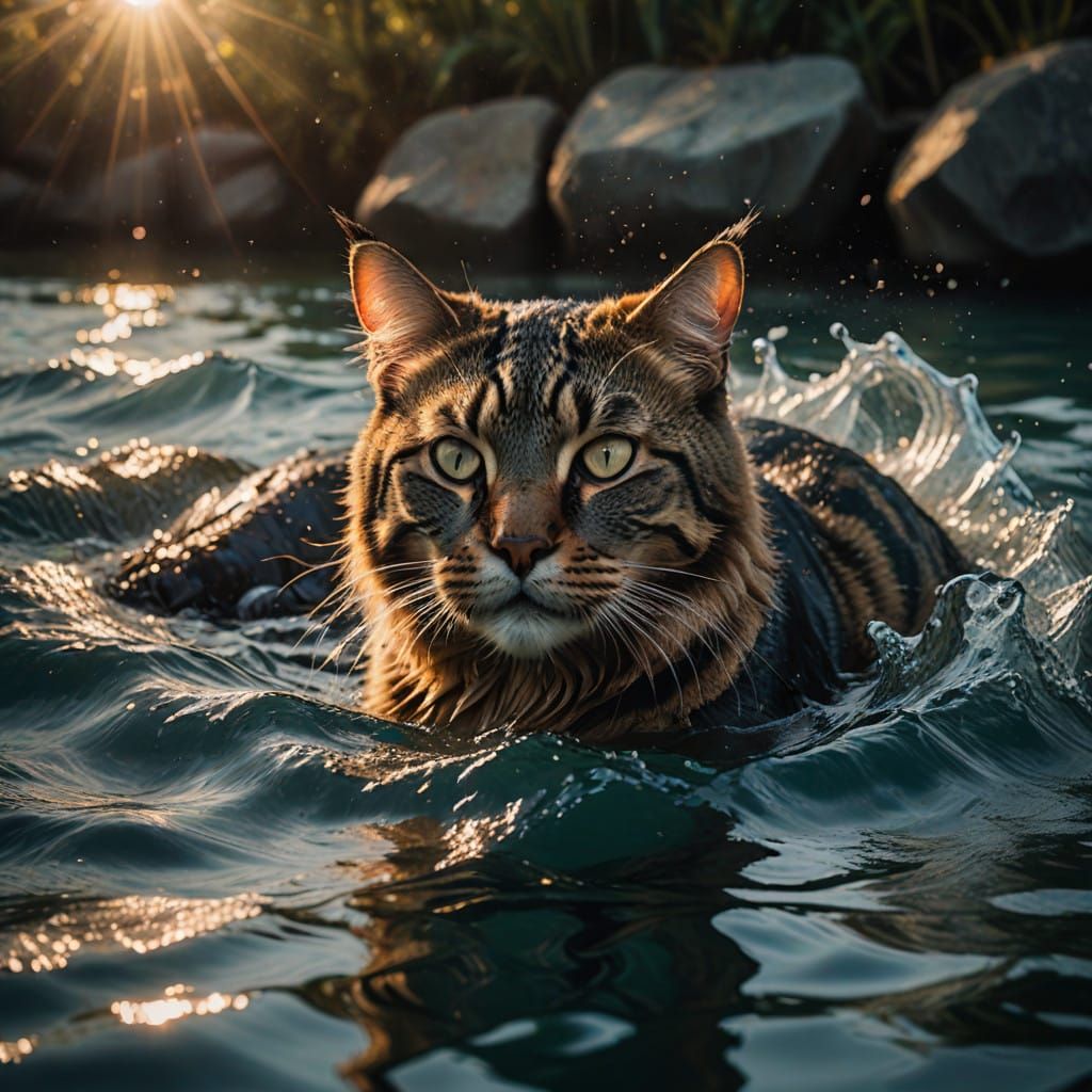 Majestic Cat Immersed in Crystal Clear Waters