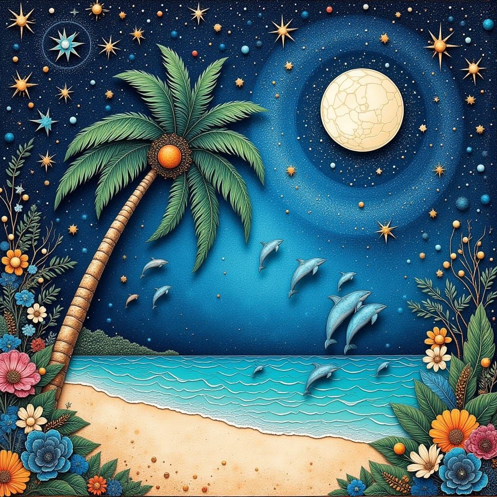 Tropical Beach Under Starry Sky in Folk Art