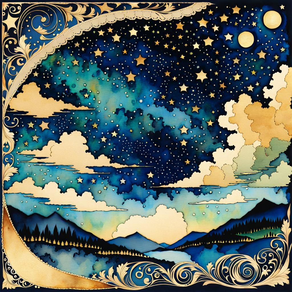 Romantic Night Sky in Distressed, Antique Aesthetic