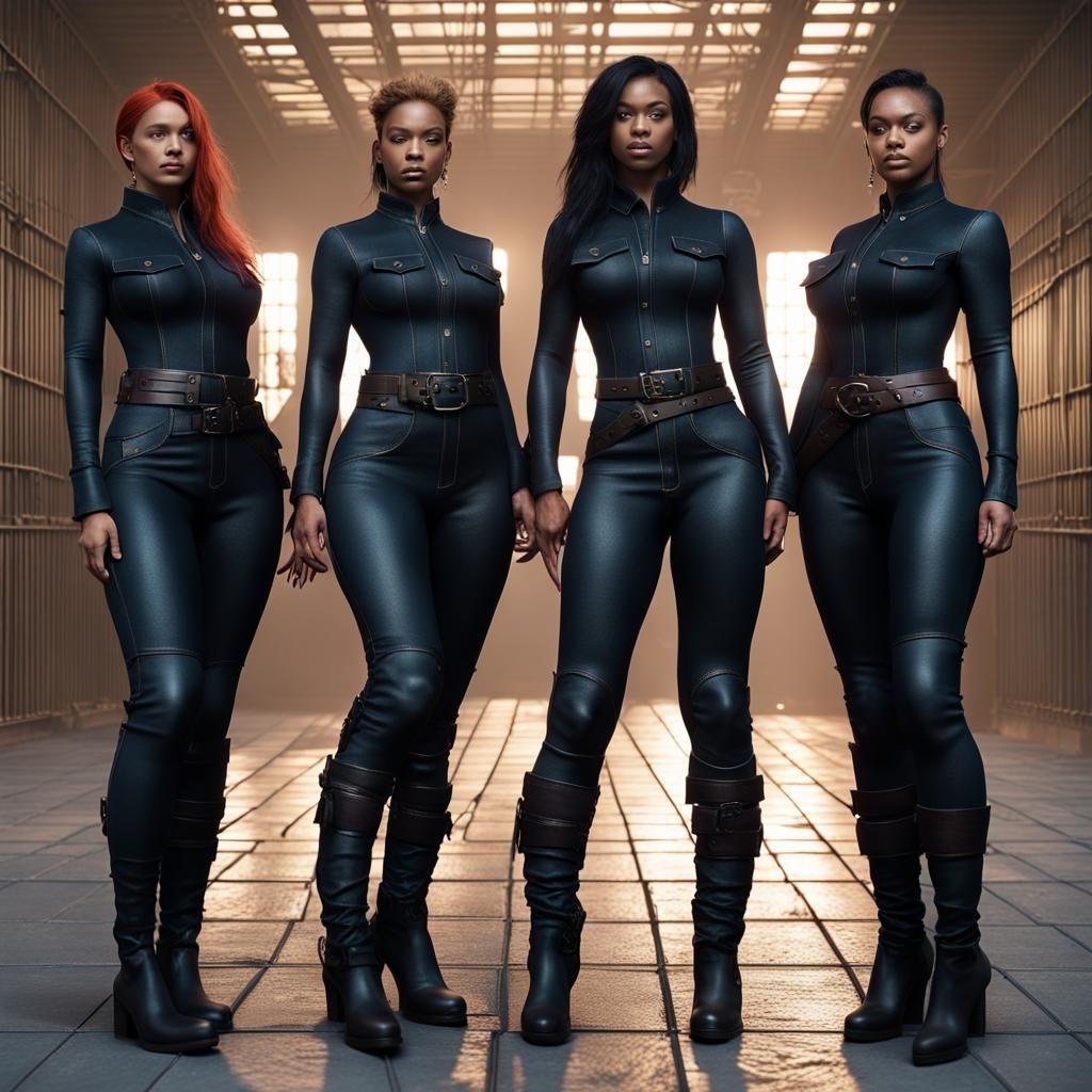 Three Women in Cyberpunk-Inspired Outfits Stand Before a Fut...