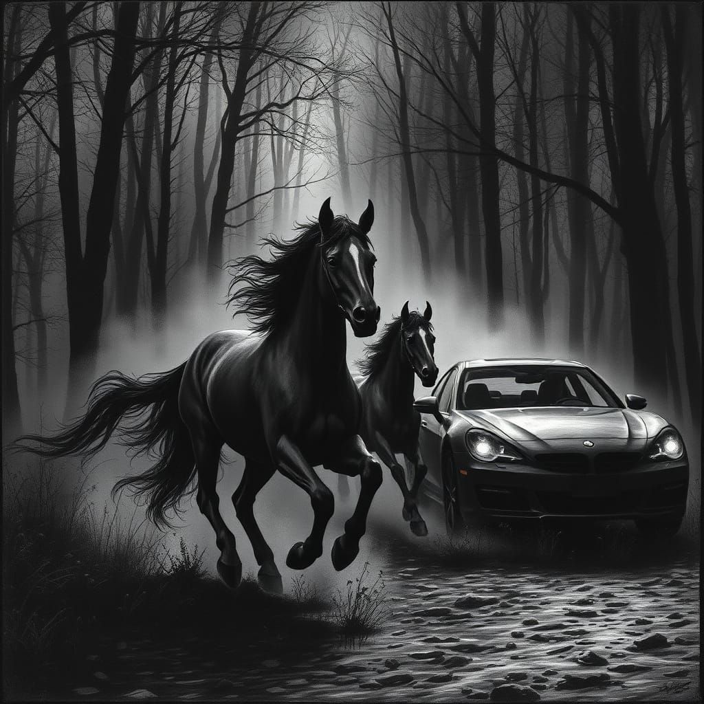 Horses Gallop Beside Cars in a Dark, Moody Forest