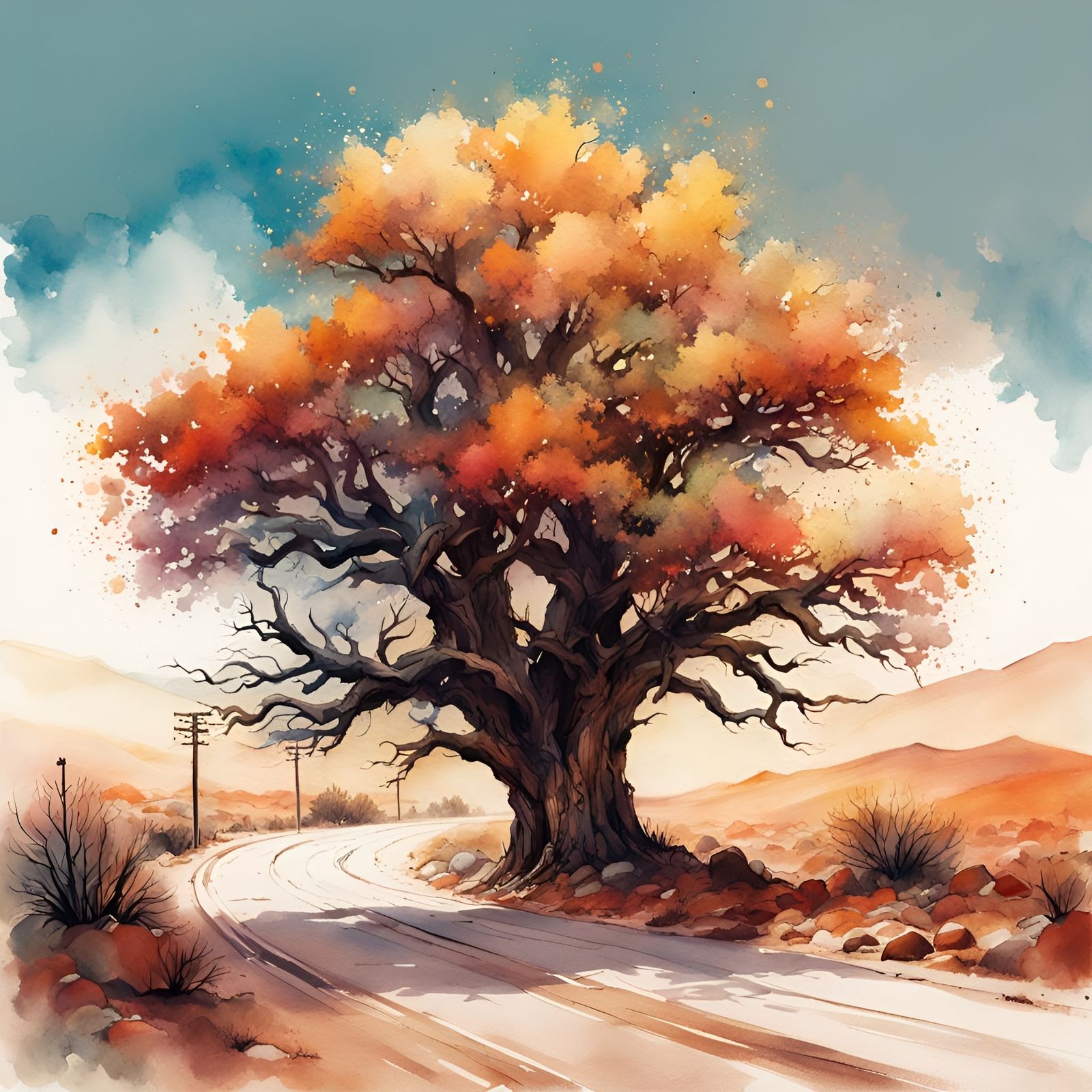 Waterhouse-Inspired Snow Tree on a Desert Highway in Aetherp...