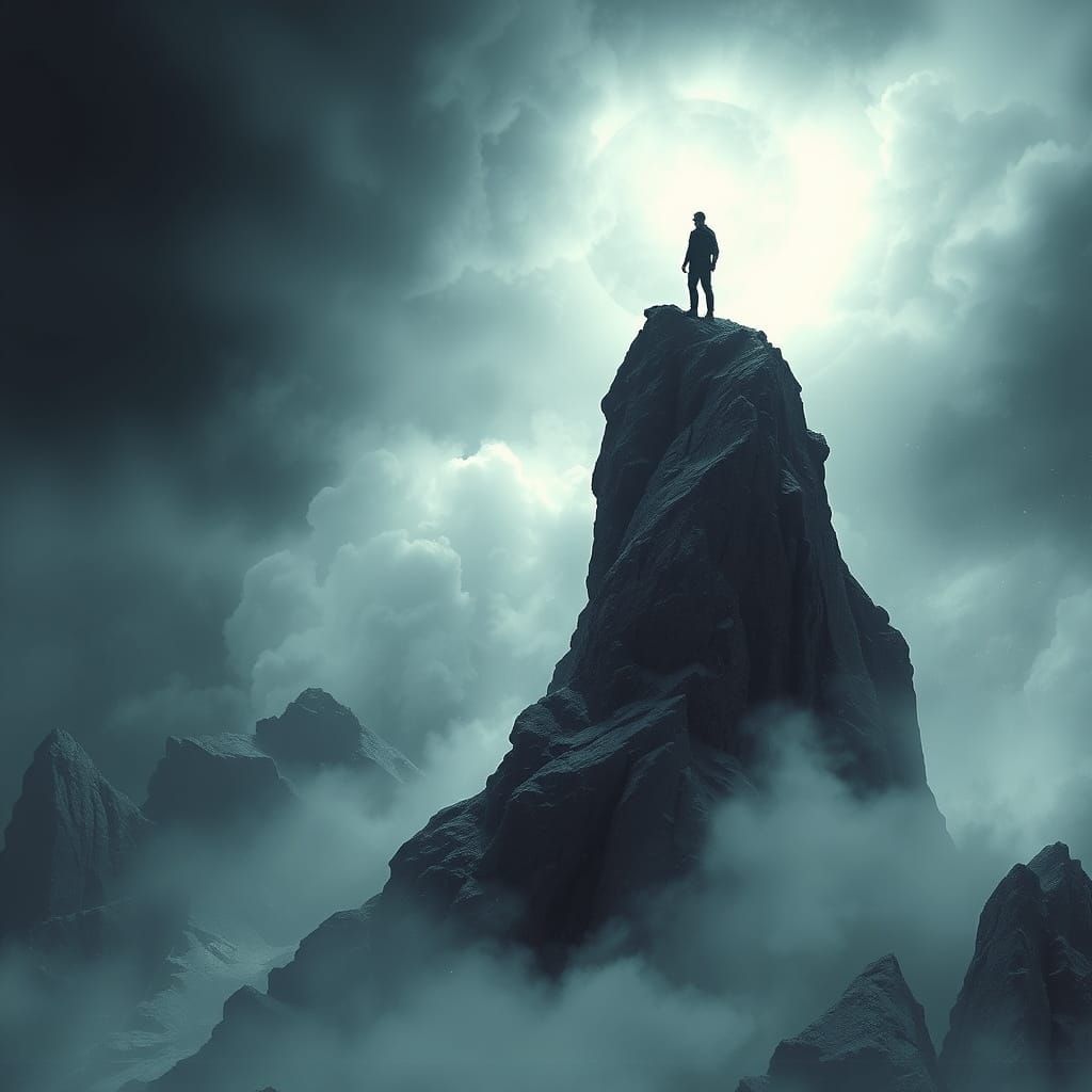 Dystopian Man on Cliff in Cyberpunk Style