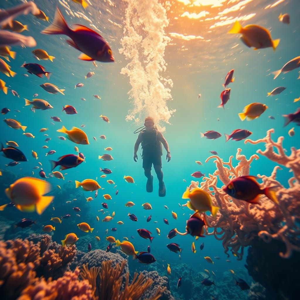 Ethereal Diver in Vibrant Underwater Realm