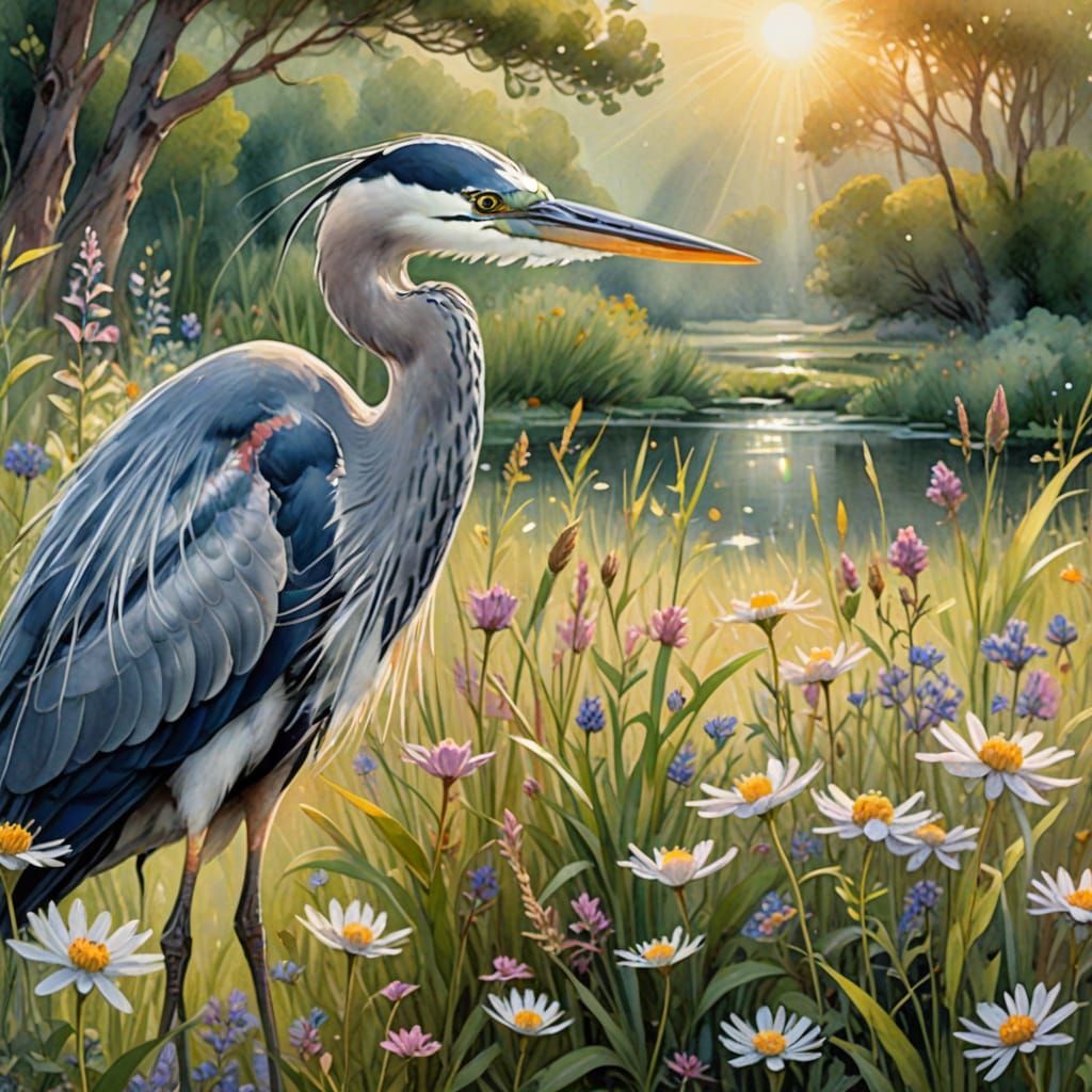 Ethereal Fairy and Heron Watercolor Portrait in Vibrant Mead...