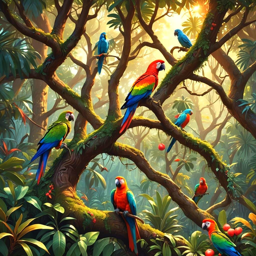 Vibrant Brown and Green Forest Scene with Parrots