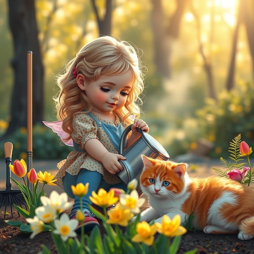 Cherub in a Vibrant Morning Garden