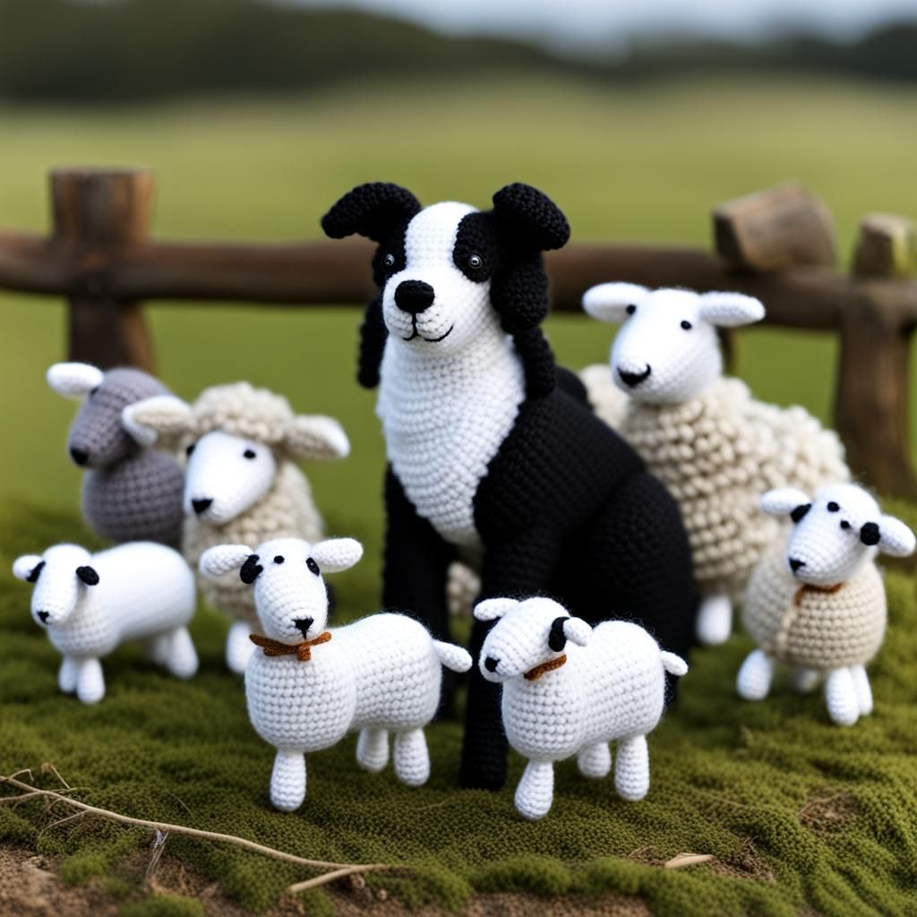 Vibrant Crochet Scene of a Border Collie and Sheep Flock
