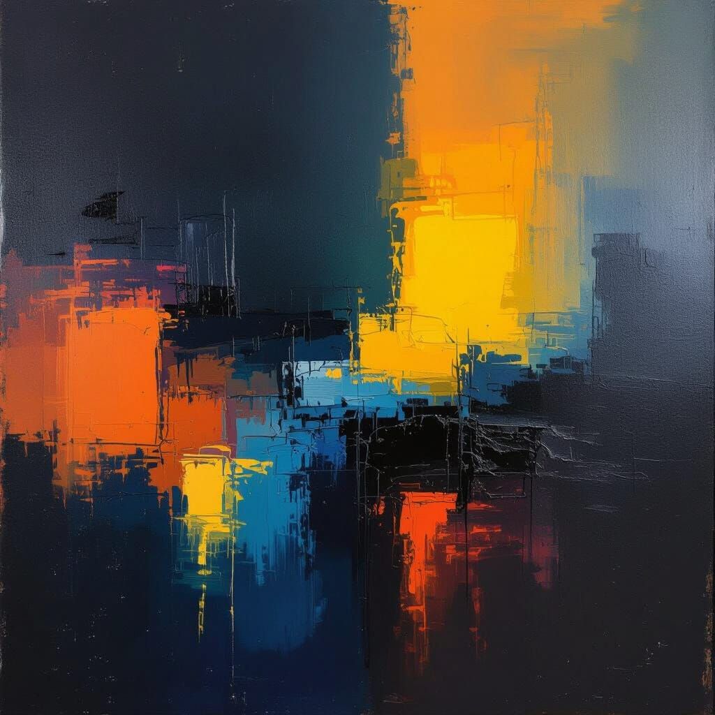 Abstract Expressionist Oil Painting of Contrasting Blues and...