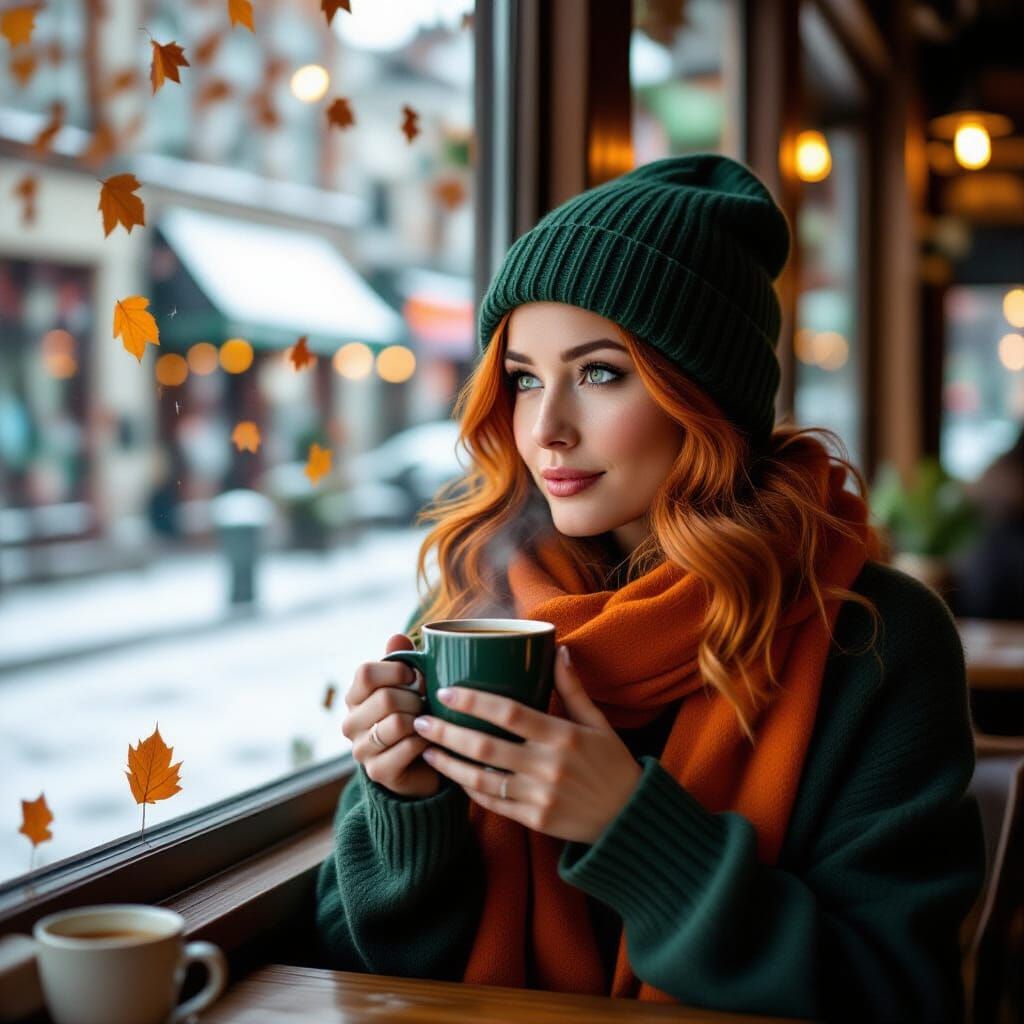 Woman Enjoying Coffee in Autumn Cafe