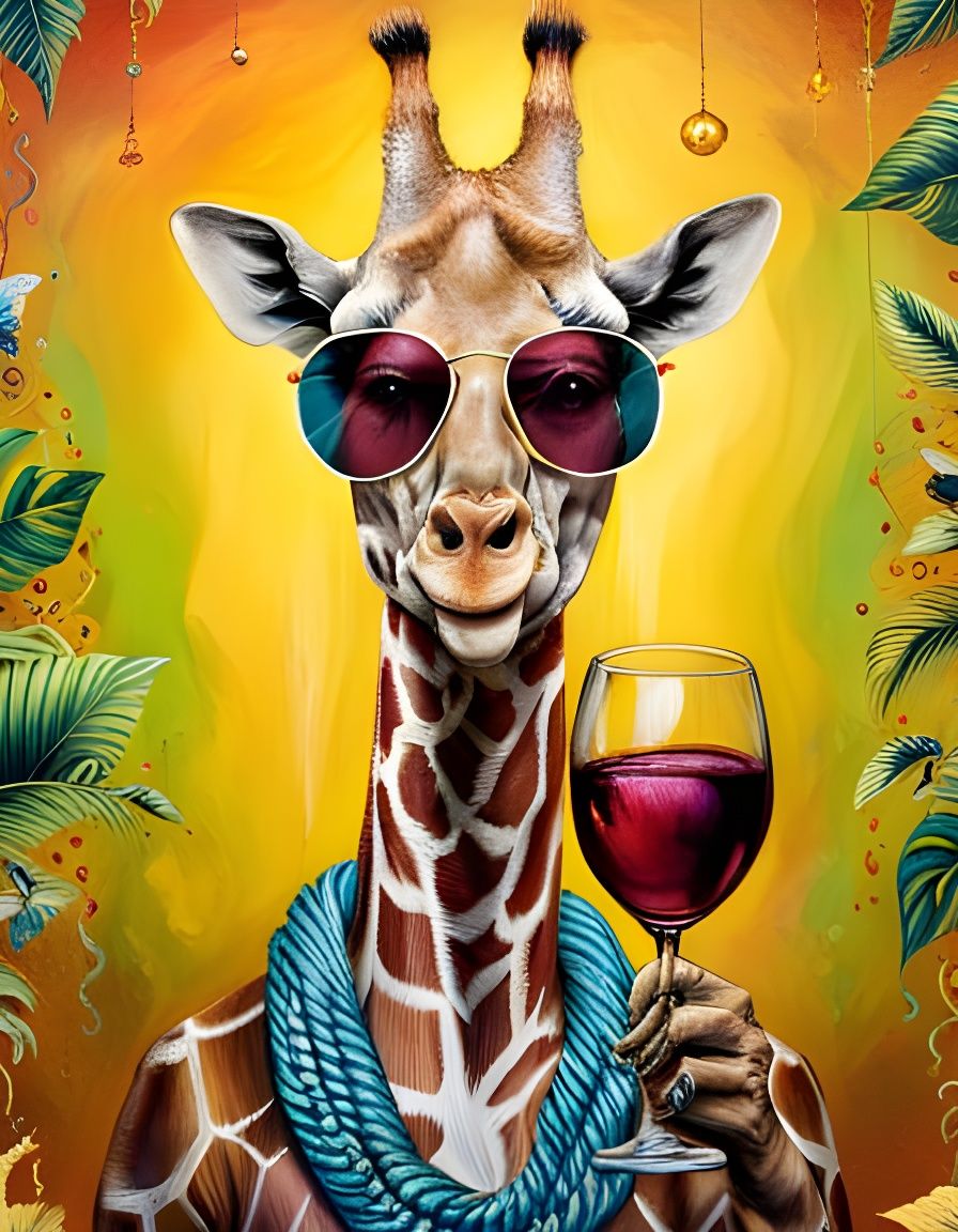Giraffe in Groovy Wine Bar Scene with Gold Accents